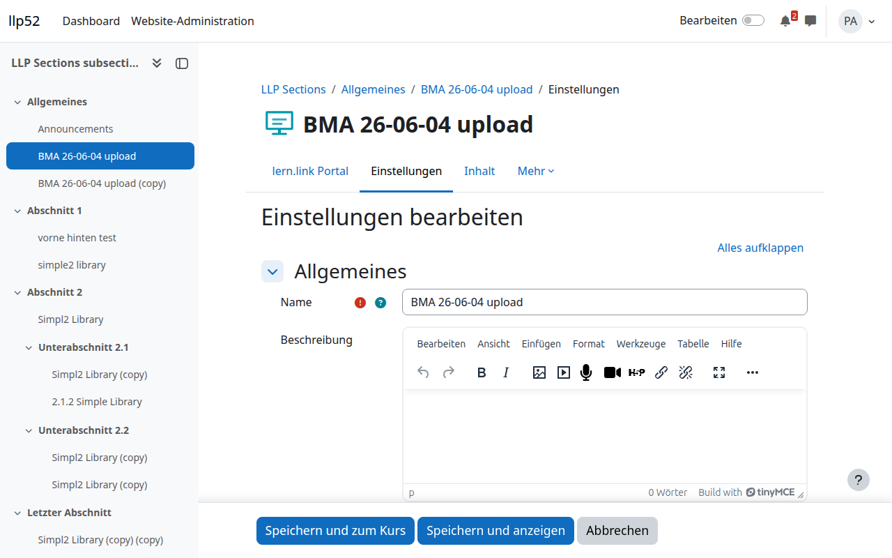Einstellungsformular der Aktivität