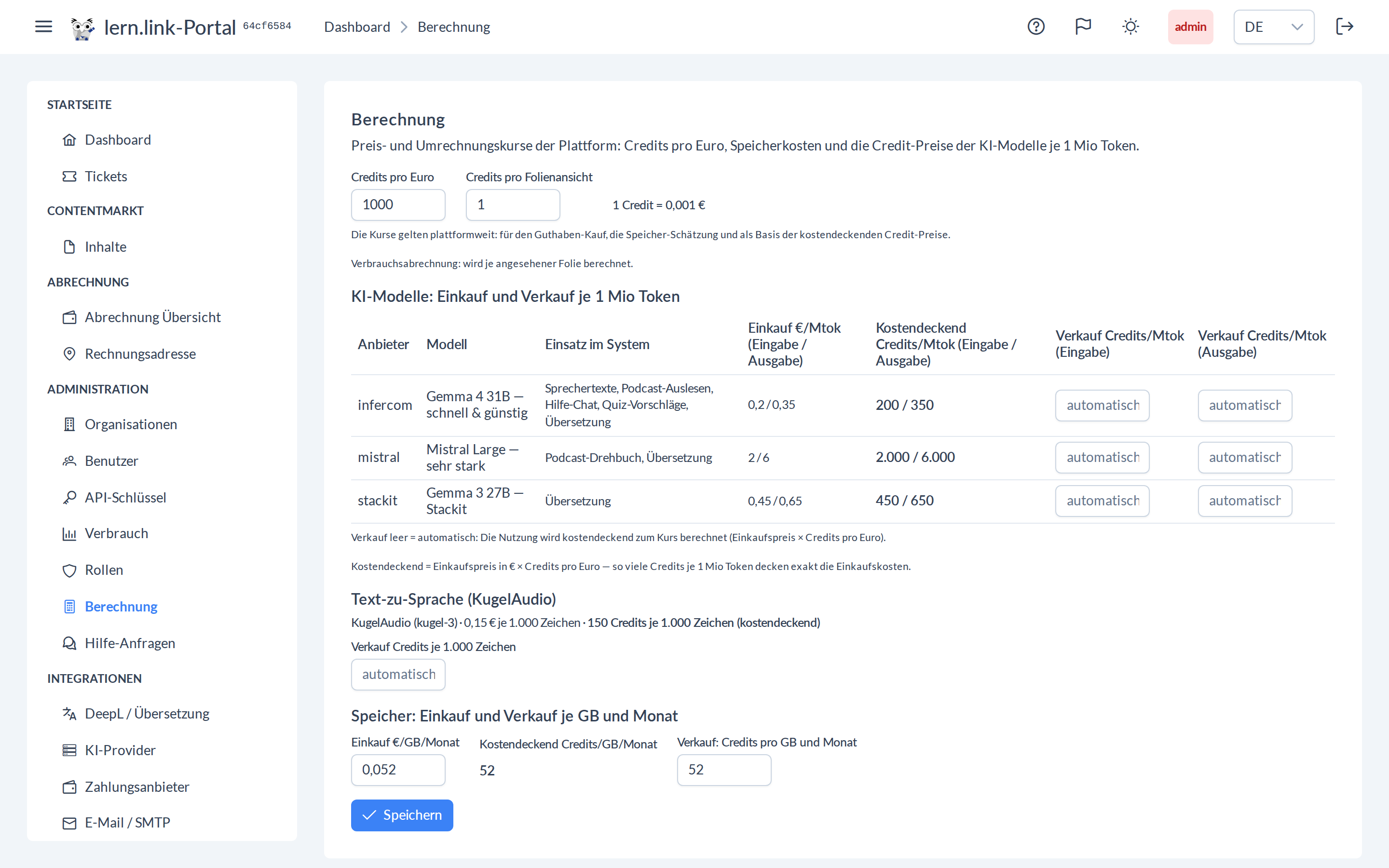 Die Berechnung-Seite: Kurse, Modellpreise und kostendeckende Credits